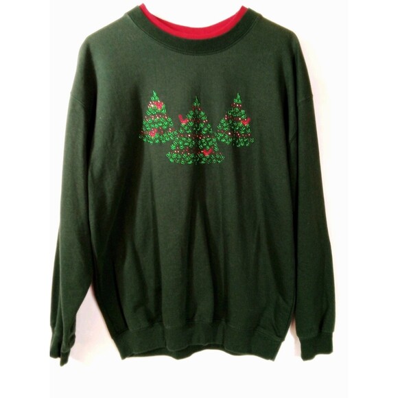 Women's Vintage Christmas Sweatshirt Tree/Cardinal Medium Shoulder Hanger Stain - Picture 1 of 12